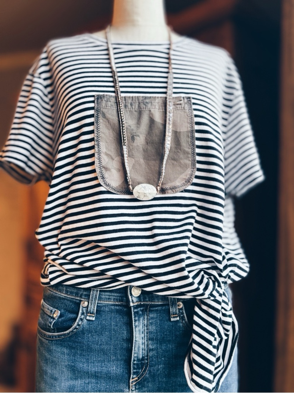 OOAK Artisan Upcycled Striped Tunic Top with Camo Pocket | Raw Hem